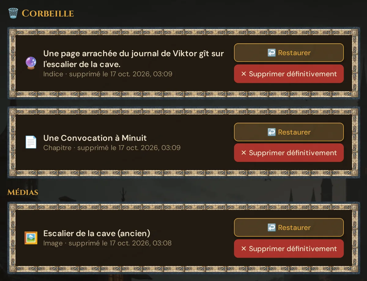 La Corbeille : des éléments de campagne supprimés, comme un chapitre et un indice, avec Restaurer et Supprimer définitivement, et en dessous le groupe Médias avec une image supprimée